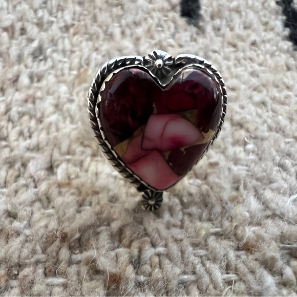 ❤️ Red Dahlia Kingman Turquoise 925 Heart Ring Navajo Southwestern Adj 6.8G - Picture 14 of 15
